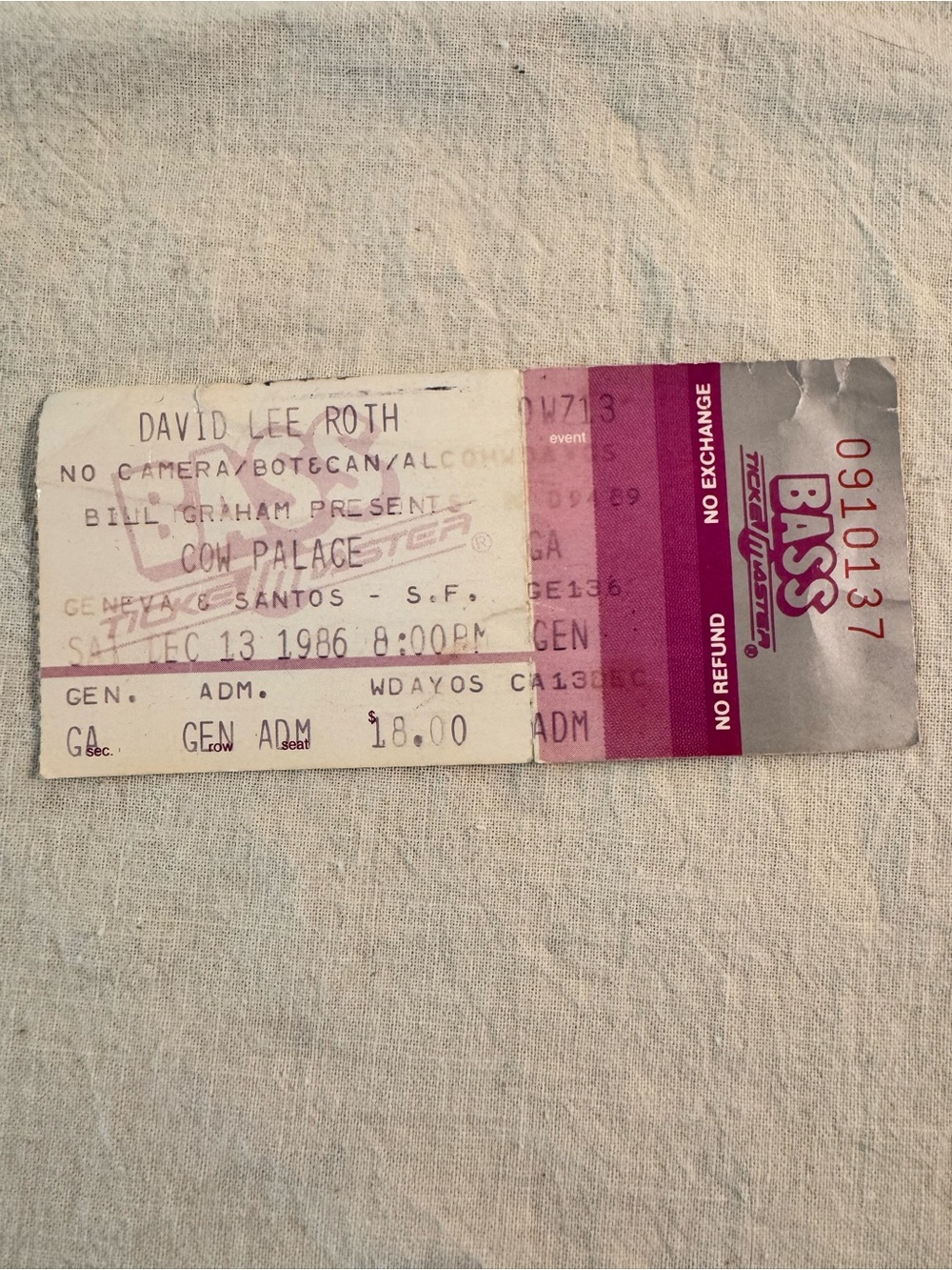 Vintage 1986 David Lee Roth Concert Memorabilia Cow Palace Bill Graham